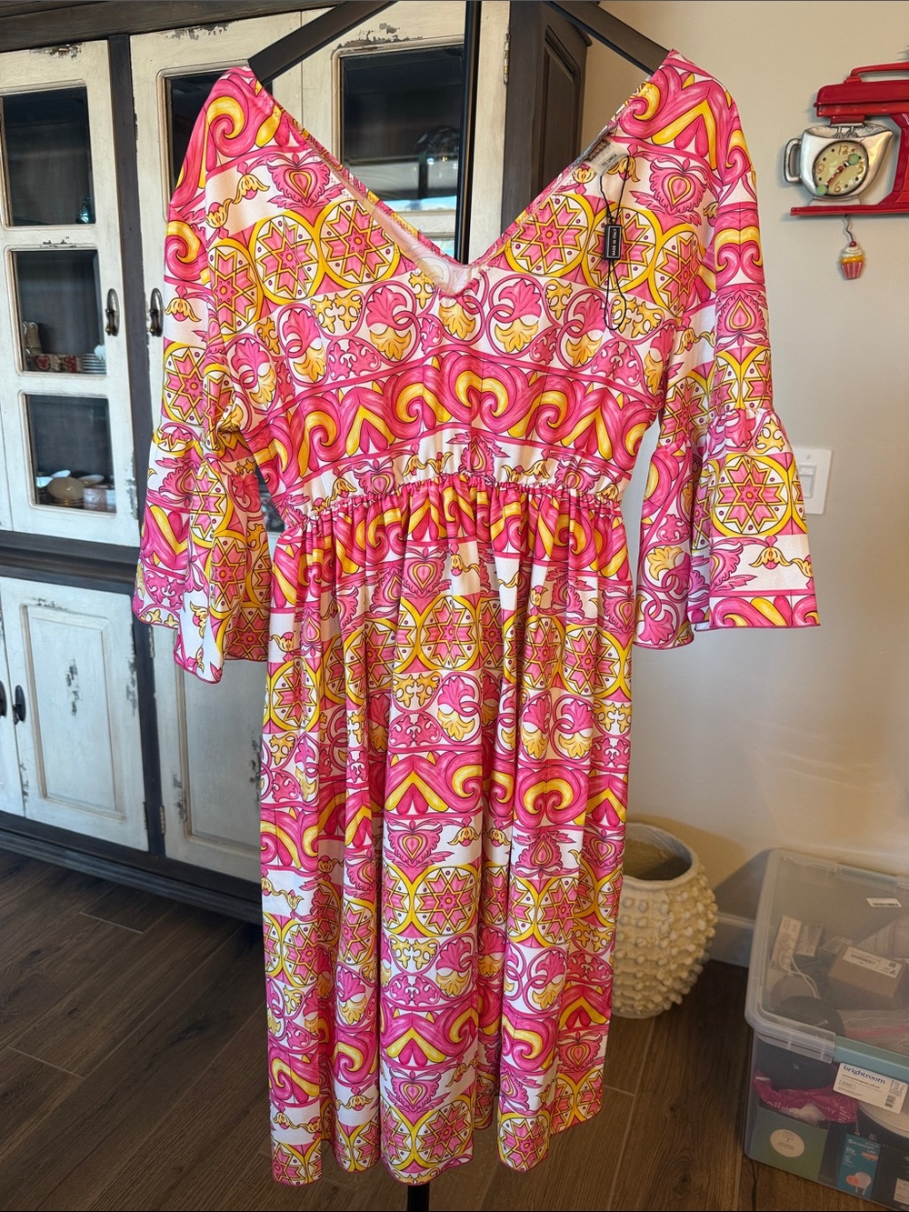 Caprese- Italian Pink, Yellow and White Patterned V-Neck Midi Dress